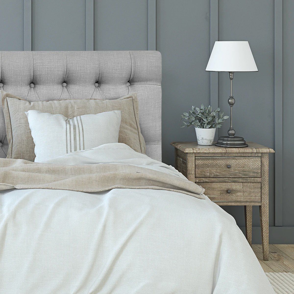 ESPACIO HOGAR - Respaldo de Cama Capitoné Premium Lino Gris Plata - 2 Plazas