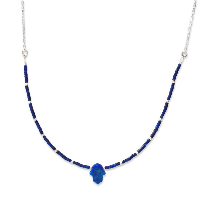 ANDREA COGGIOLA JOYAS - Collar Mostacilla Lapislázuli Mano Fátima Plata Fina 925