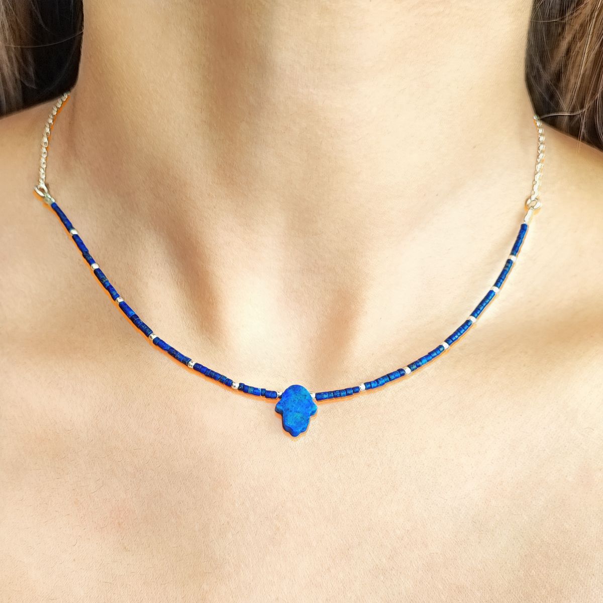 COGGIOLA - Collar Mostacilla Lapislázuli Mano Fátima Plata Fina 925