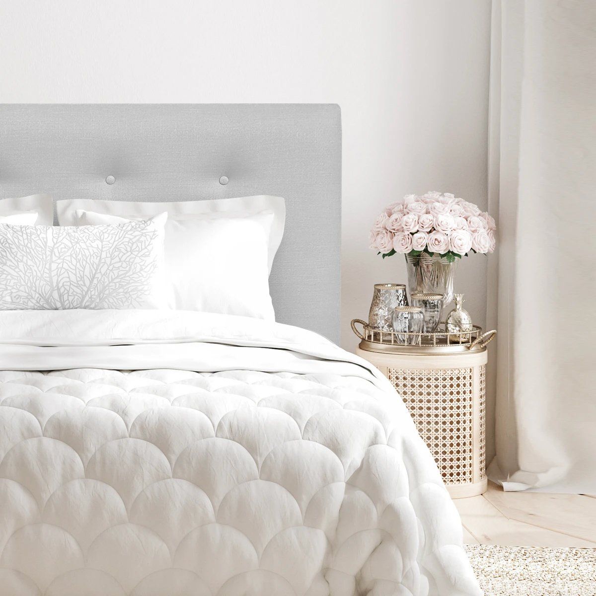 ESPACIO HOGAR - Respaldo de Cama Botoné Premium Lino Gris Plata - Super King
