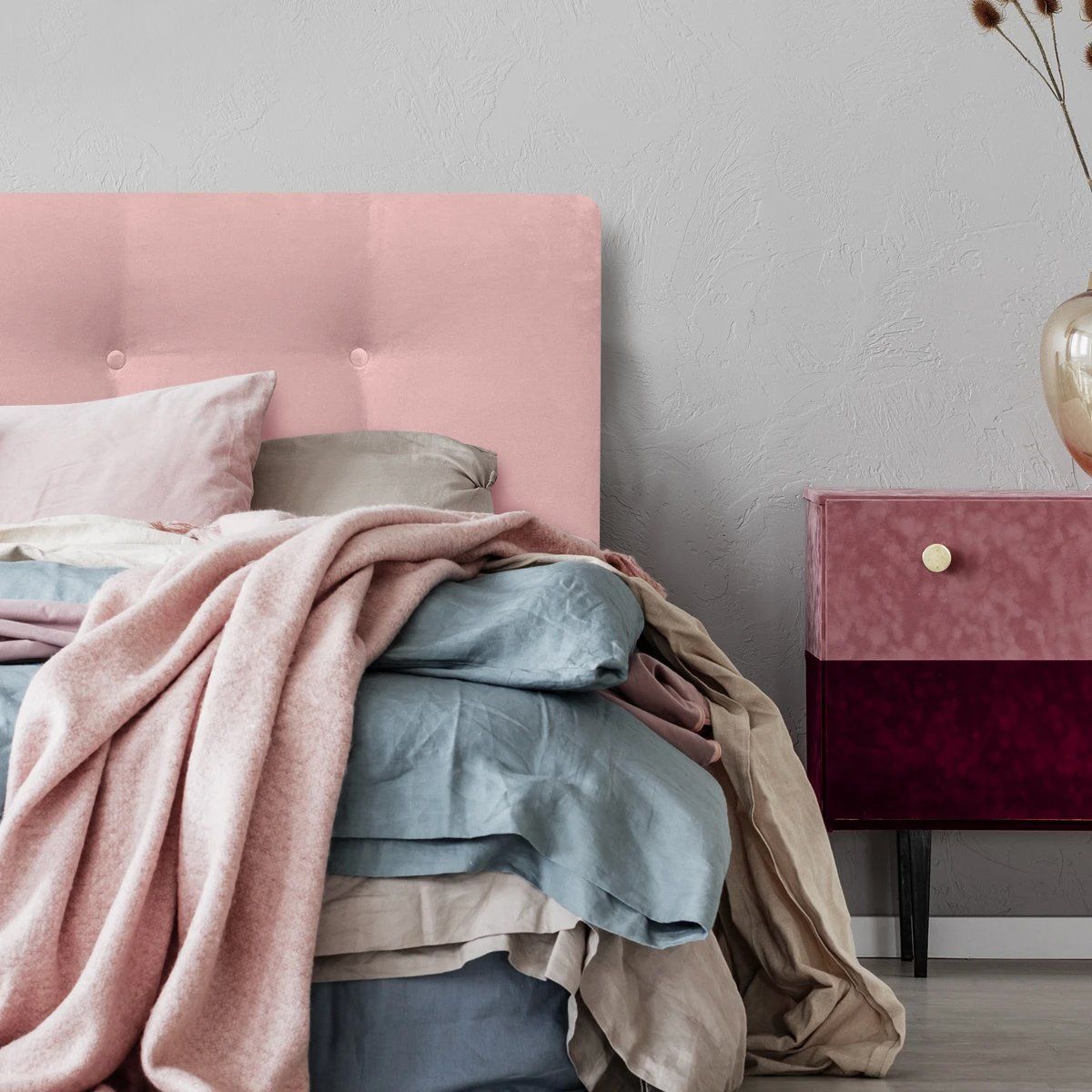 ESPACIO HOGAR - Respaldo de Cama Botoné Premium Felpa Rosado Claro - 2 Plazas