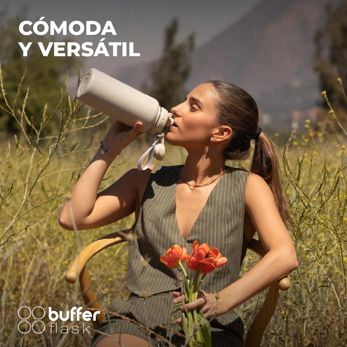 BUFFER FLASK - Termo Botella Agua Termica Acero Inox + Tapas - Crema