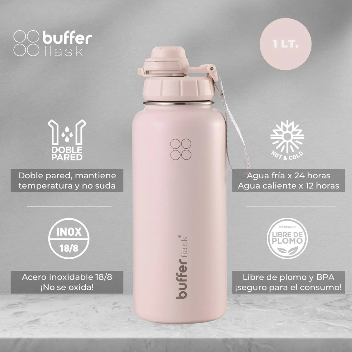 BUFFER FLASK - Termo Botella Agua Termica Acero Inox + Tapas - Rosa claro