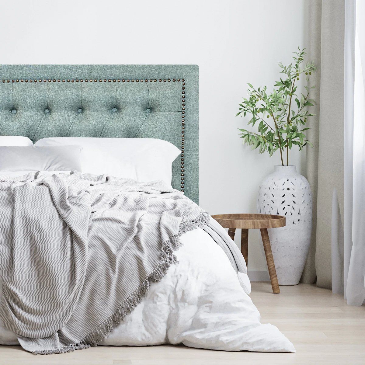 ESPACIO HOGAR - Respaldo de Cama Capitoné Frame Tachas Lino Verde Jeans - Queen