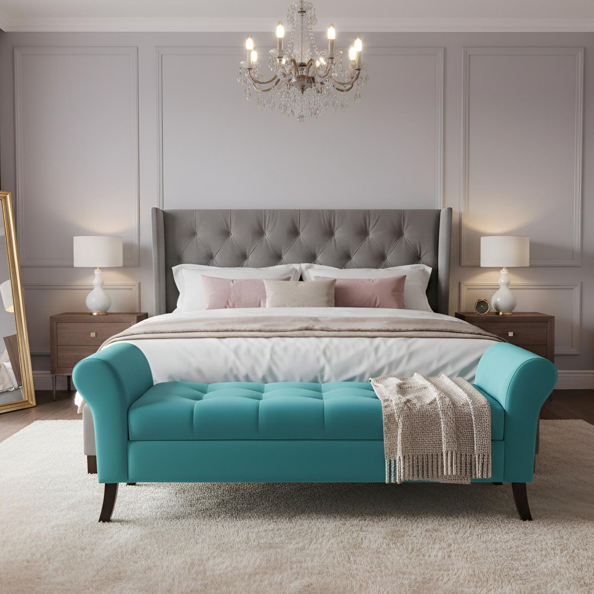 GENERICO - Banqueta Baúl Tucson Color Turquesa Tamaño King 170x45x60cm