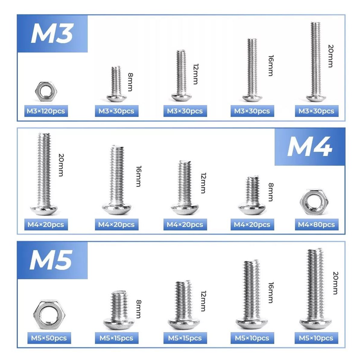 KUANGYE - 500 Tornillos Cabeza Plana M3 M4 M5 Hexagonal Tuerca Pernos