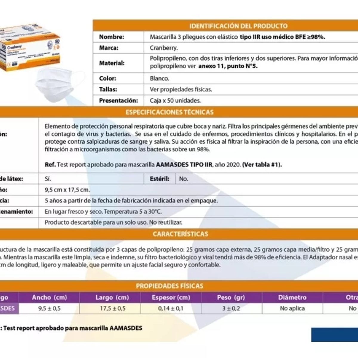 CRANBERRY - Mascarilla 3 Pliegues Con Elásticos Cranberry Caja 50uni Blanca
