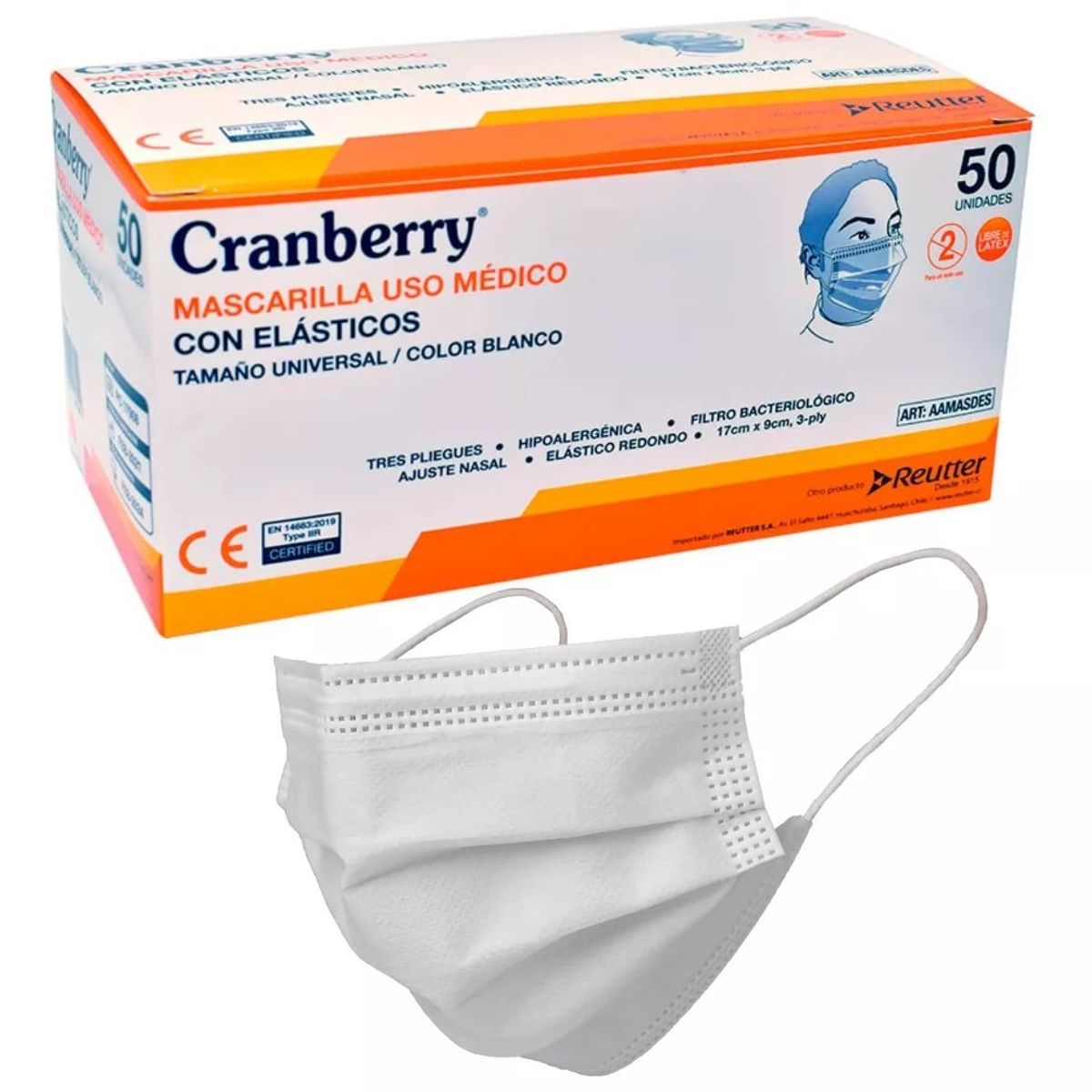 CRANBERRY - Mascarilla 3 Pliegues Con Elásticos Cranberry Caja 50uni Blanca