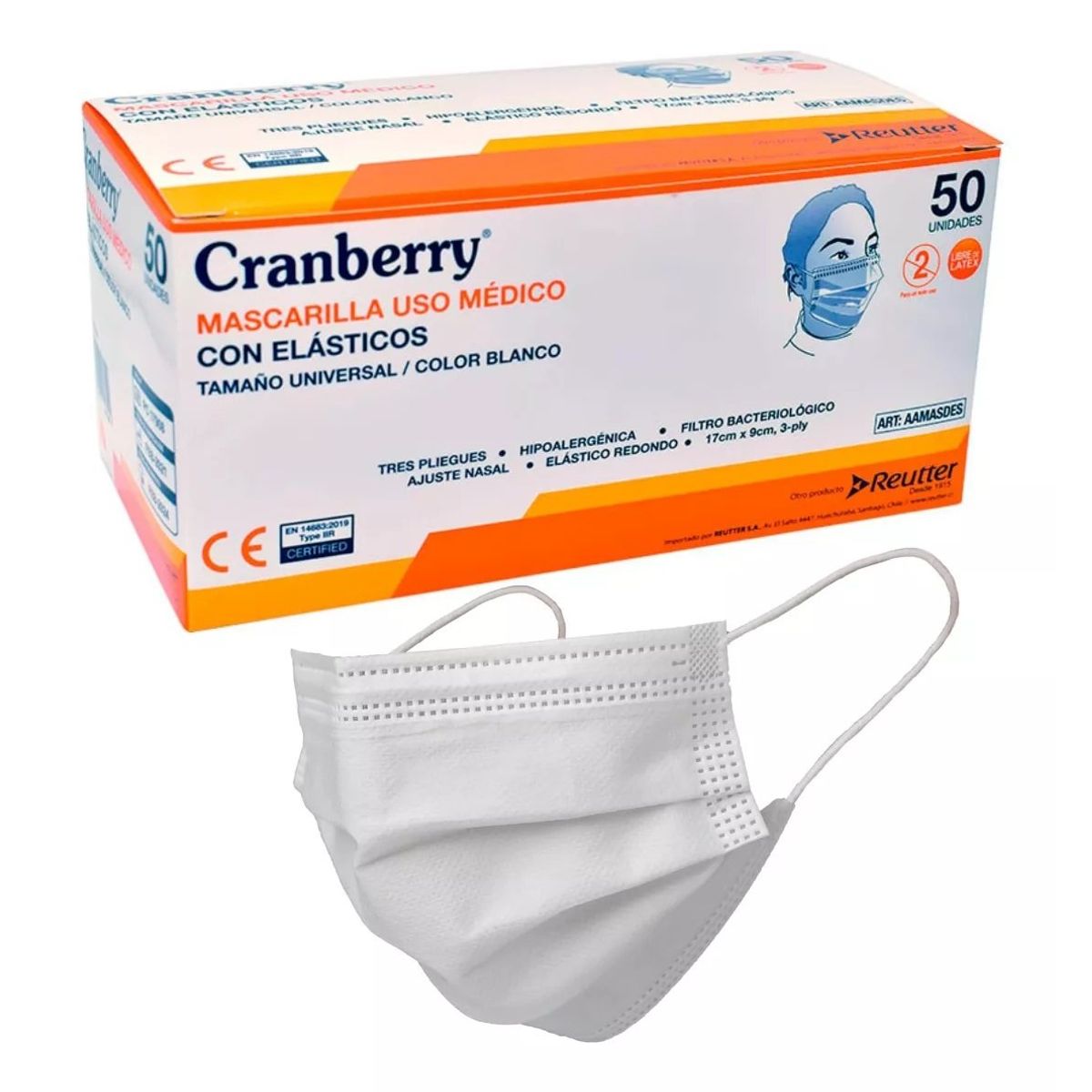 CRANBERRY - Mascarilla 3 Pliegues Con Elásticos Cranberry Caja 50uni Blanca