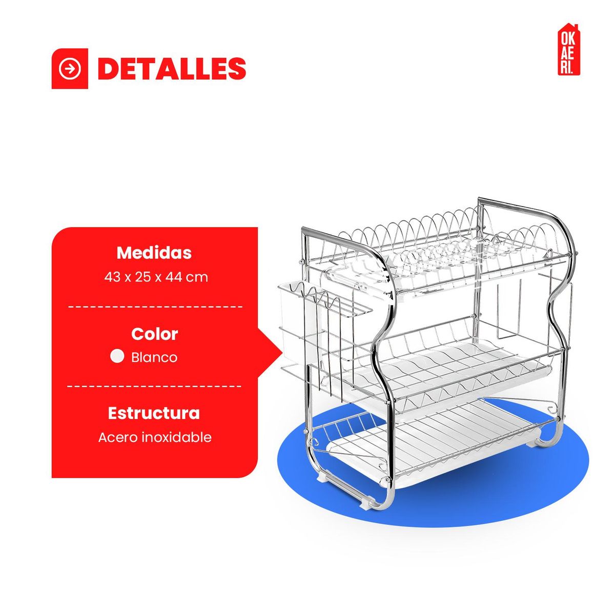 OKAERI - Secador Escurridor De Platos 3 Niveles Okaeri