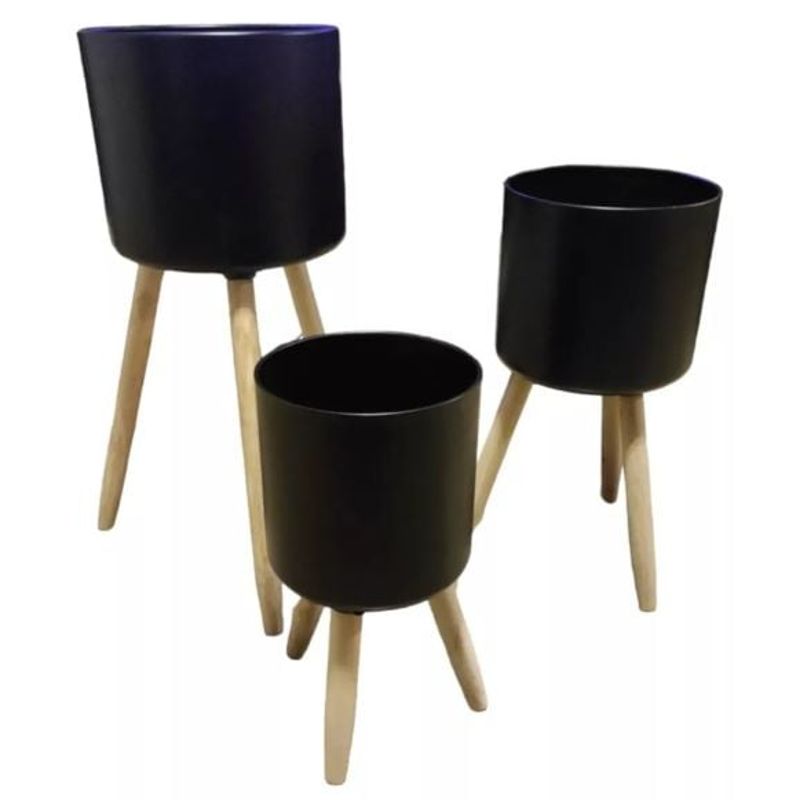 GENERICO - Set 3 Maceteros Negro Patas Madera