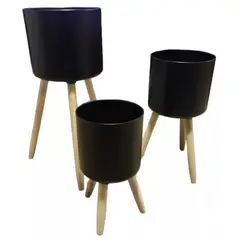 GENERICO - Set 3 Maceteros Negro Patas Madera
