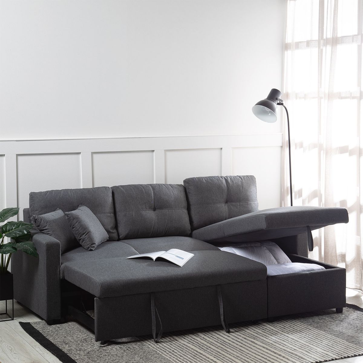 DANIELS - Sofá Seccional Cama 2 Plazas Tela Lino Gris Sidney