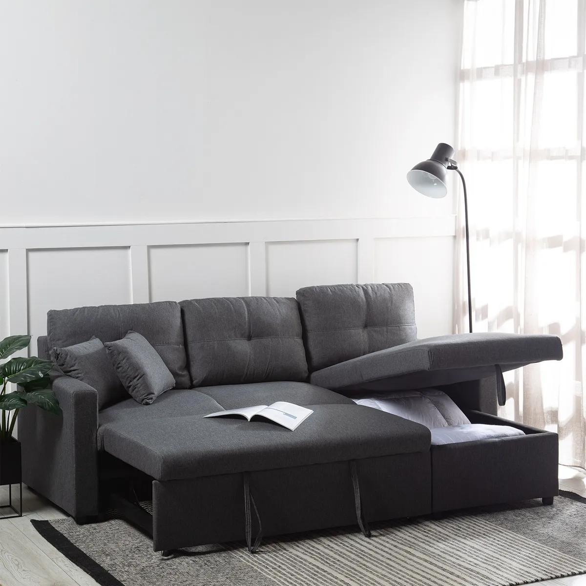 DANIELS - Sofá Seccional Cama 2 Plazas Tela Lino Gris Sidney