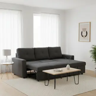 DANIELS - Sofá Seccional Cama 2 Plazas Tela Gris Lino Sidney