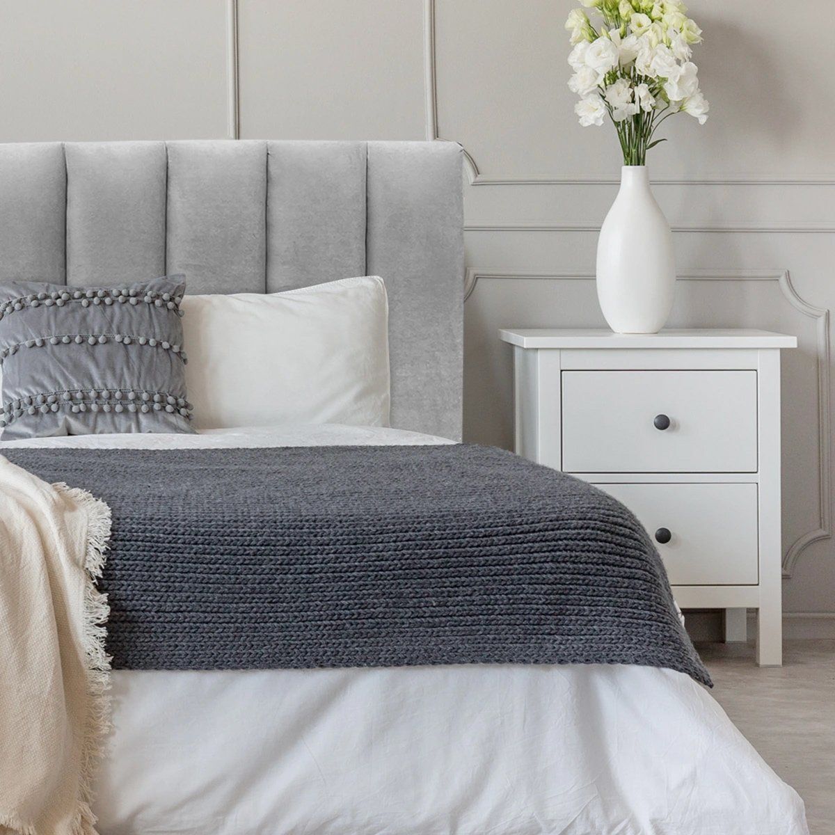 ESPACIO HOGAR - Respaldo de Cama Tubular Vertical Felpa Gris Plata - 1.5 Plaza