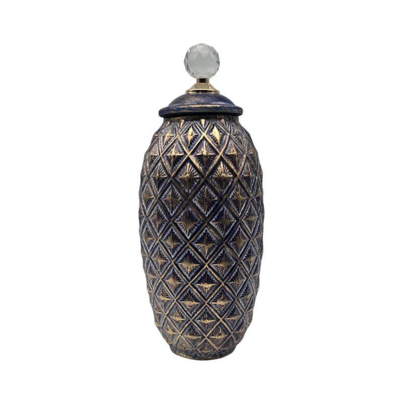 GENERICO - Jarron De Ceramica Decorativo Diseño Rombos Azul Mar Dorado.