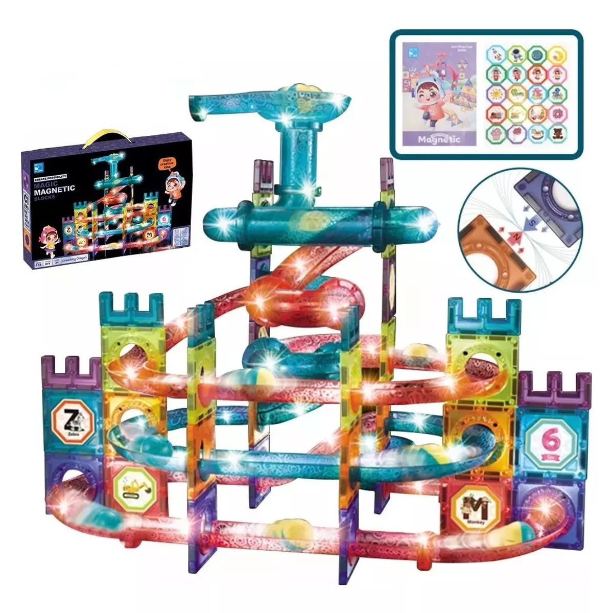 MUNDO MAGIA - Pista De Bolitas Construcción Magnéticos 3d Juguetes 131 Pzs