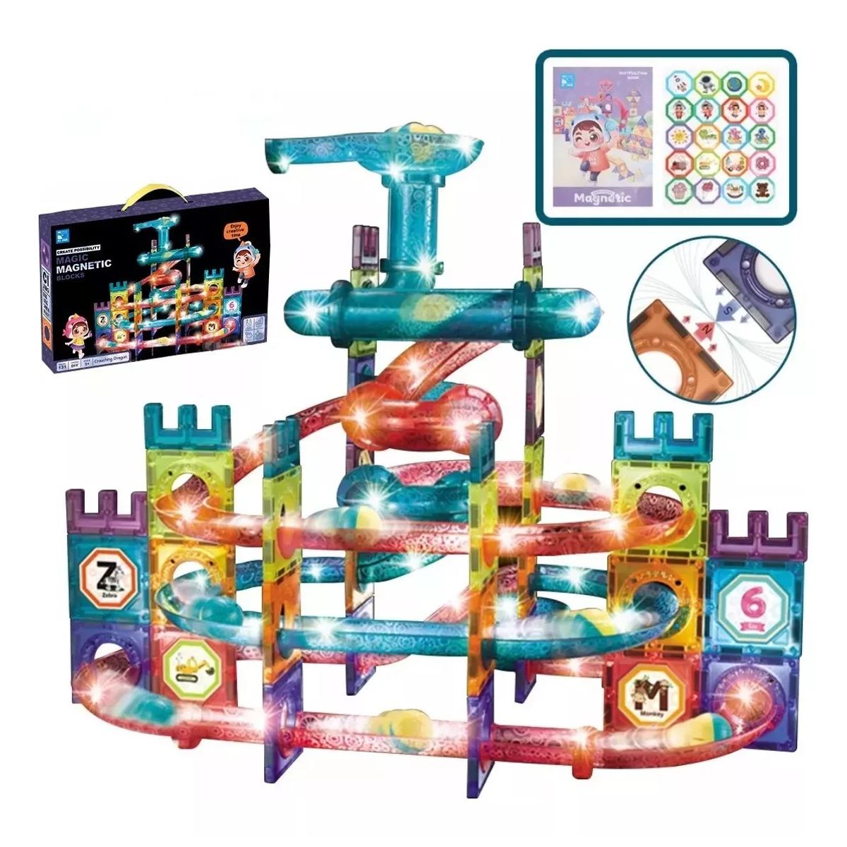 MUNDO MAGIA - Pista De Bolitas Construcción Magnéticos 3d Juguetes 131 Pzs