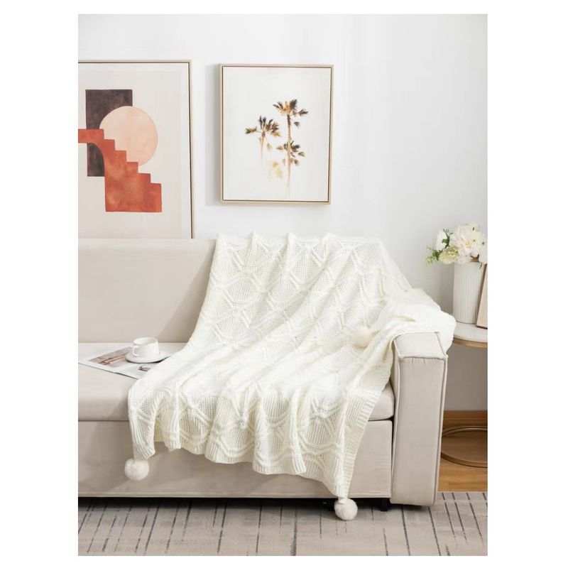 GENERICO - Manta para Sofá o Piecera Modelo Chenille y Pompón Blanco