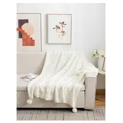 GENERICO - Manta para Sofá o Piecera Modelo Chenille y Pompón Blanco