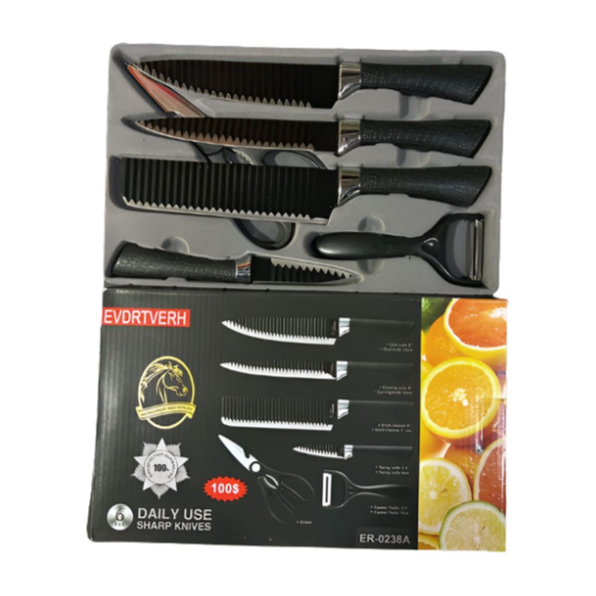 GENERICO - Set de Cuchillos de Cocina Prof. - 6 Piezas + Pelador y Tijeras Negro