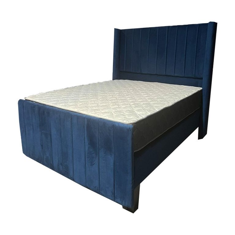 Cama Ame. 2P Colchon de resortes Respaldo Azul Felpa Pmadera