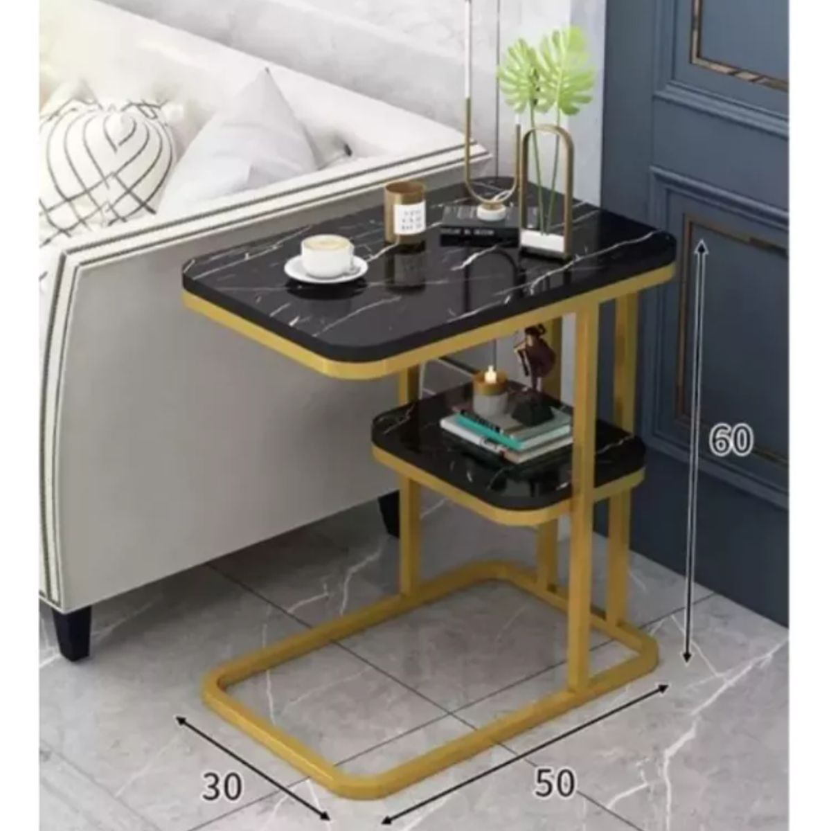 GENERICO - Mesa Auxiliar Mesa De Té Dos Niveles Para Sala Sofa Y Cama Negro