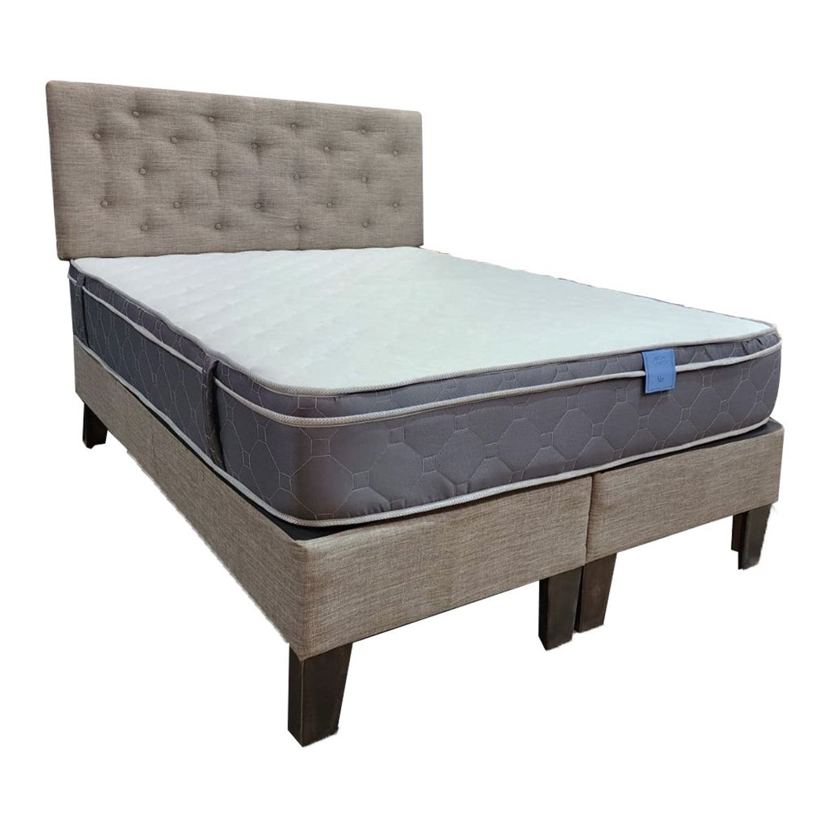 MUEBLES HVM - Cama Ame 2P Colchon Premium Tanon Respaldo Gris Lino Pmadera