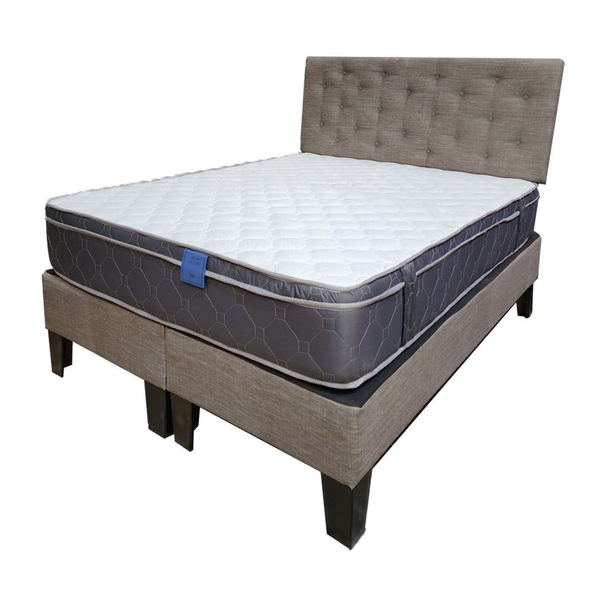 MUEBLES HVM - Cama Ame 2P Colchon Premium Tanon Respaldo Gris Lino Pmadera