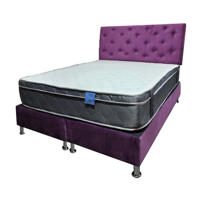 Cama Ame 2P Colchon Premium Tanon Respaldo Morada Felpa Pmetal