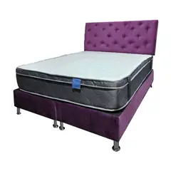MUEBLES HVM - Cama Ame 2P Colchon Premium Tanon Respaldo Morada Felpa Pmetal
