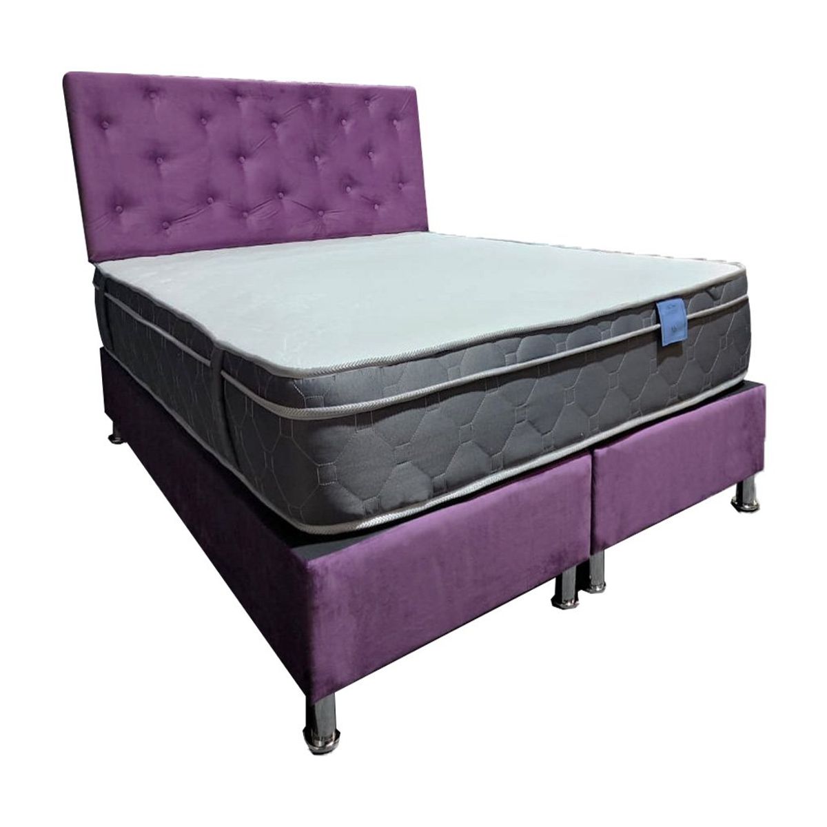 MUEBLES HVM - Cama Ame 2P Colchon Premium Tanon Respaldo Morada Felpa Pmetal