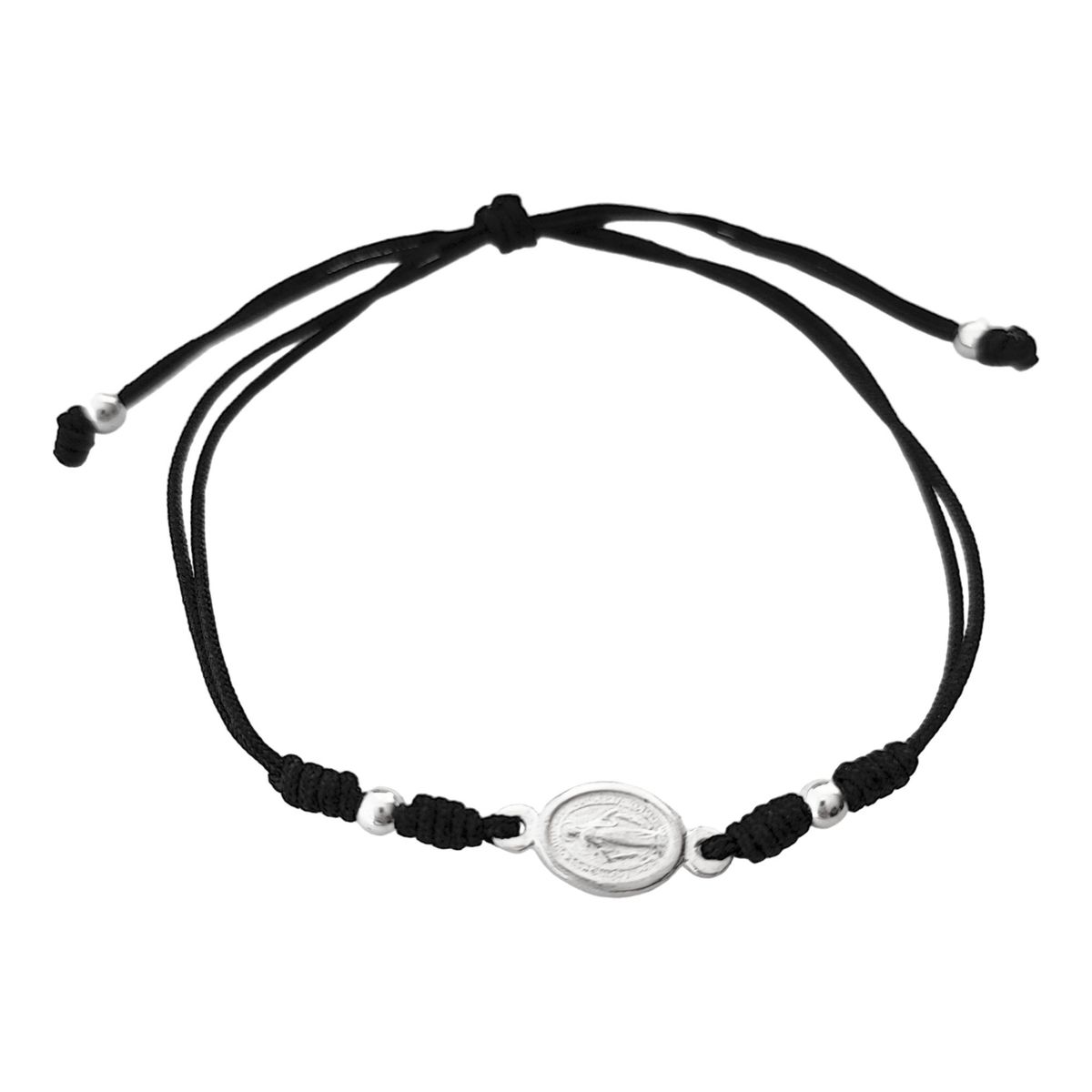 COGGIOLA - Pulsera Virgen De Los Rayos Plata Fina 925 Cordón Negro