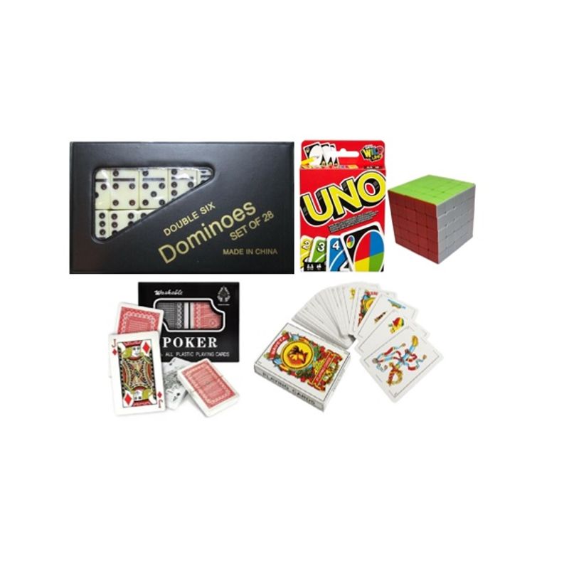 GENERICO - Pack Naipe Esp, Naipe Ingles Plástico UNO, Cubo 5 y Domino