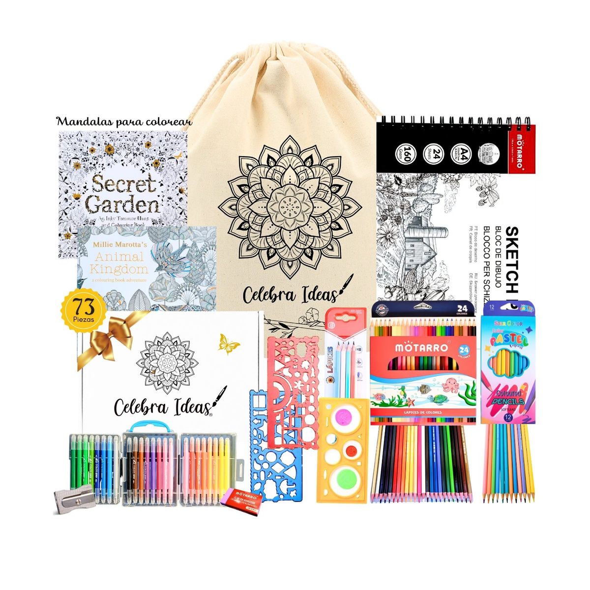CELEBRA IDEAS - Set Dibujo Mandalas Colorear Lápices 24 Marcadores Kit Arte