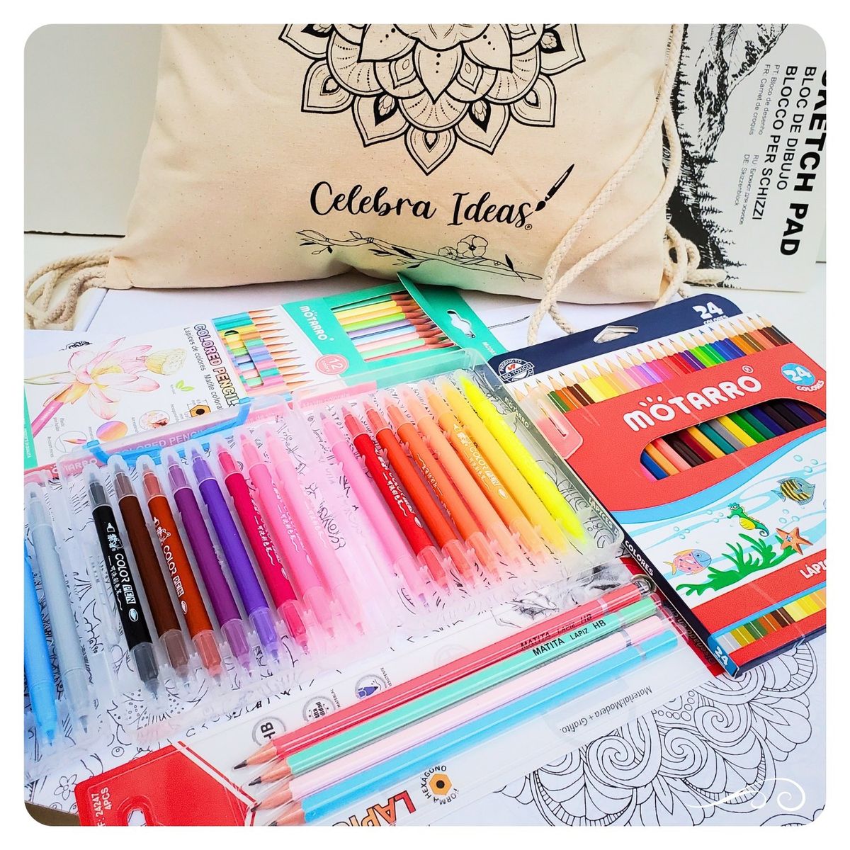 CELEBRA IDEAS - Set Dibujo Mandalas Colorear Lápices 24 Marcadores Kit Arte