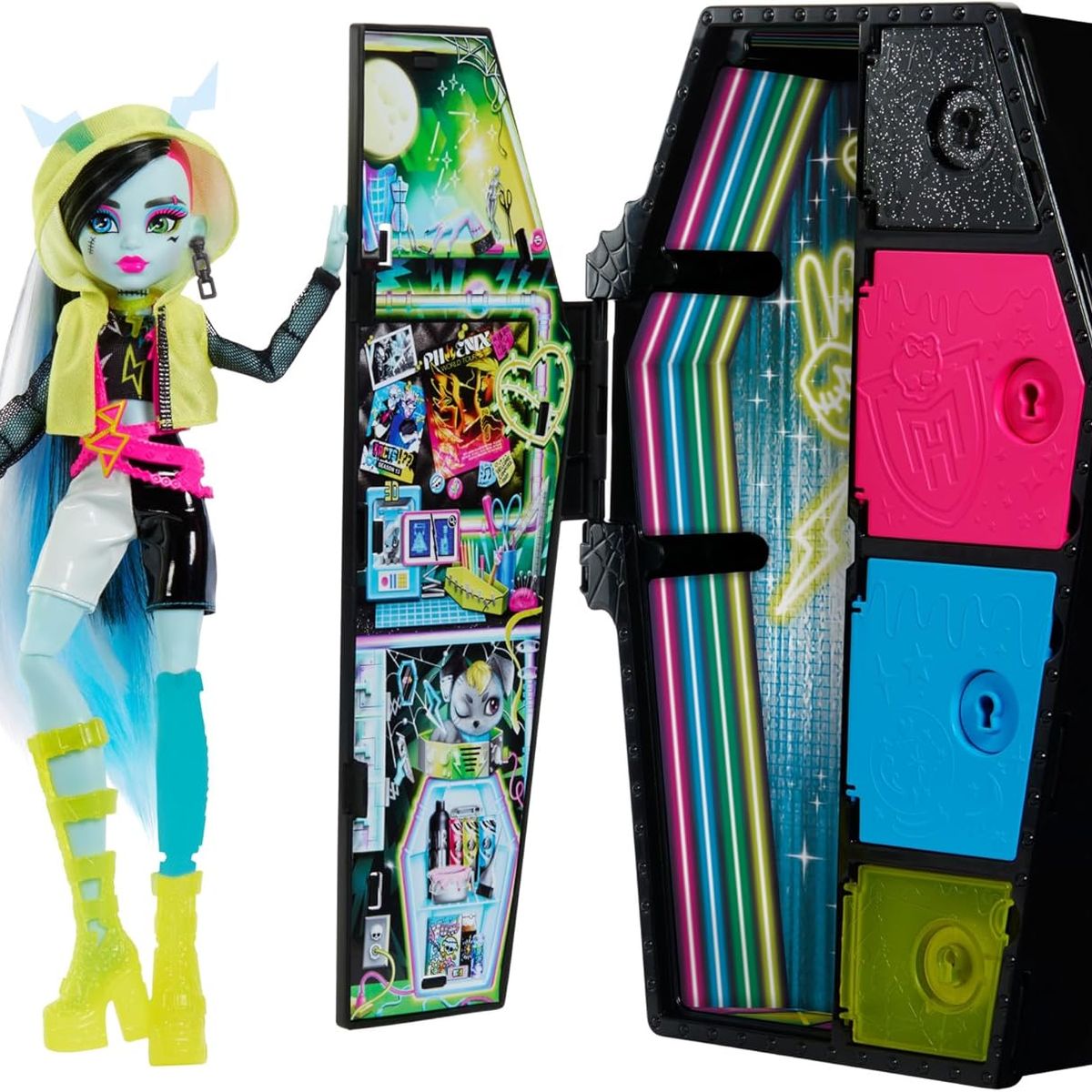 MONSTER HIGH - Monster High frankie stein NEON  Casillero Con 19 Sorpresas