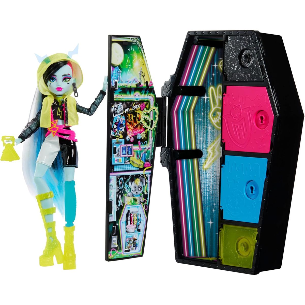 MONSTER HIGH - Monster High frankie stein NEON  Casillero Con 19 Sorpresas