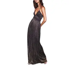 CAPRICHOSA - Maxi Vestido Dorado escote en V y ribetes morado