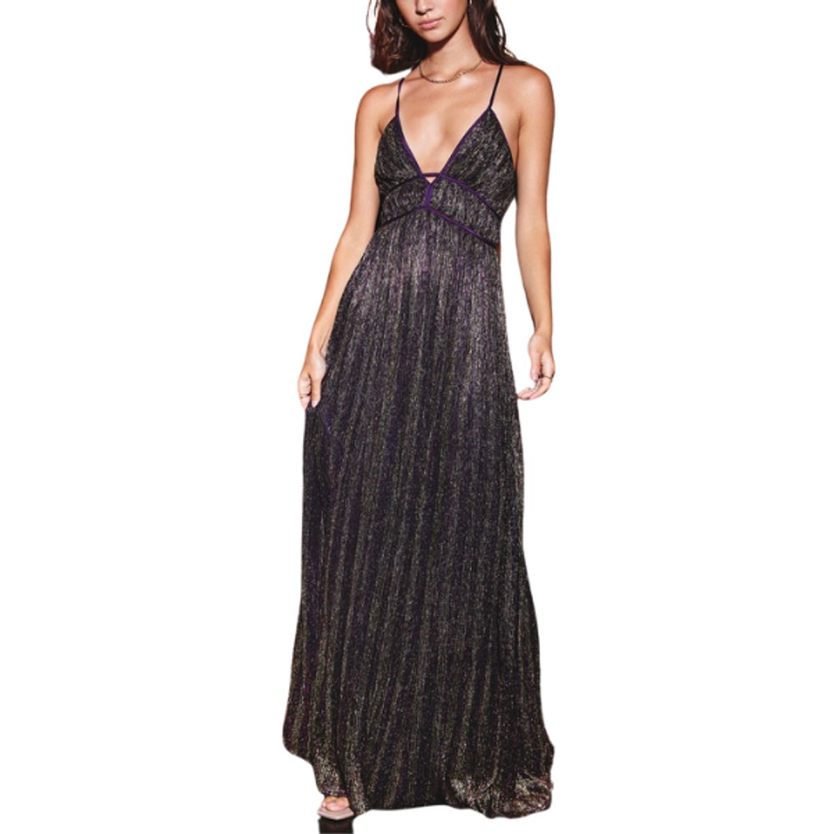 CAPRICHOSA - Maxi Vestido Dorado escote en V y ribetes morado