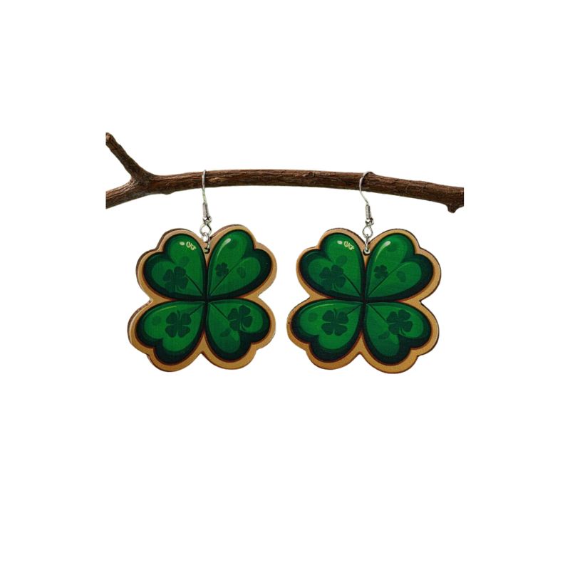 GENERICO - Pendientes de madera diseño de trebol de cuatro hojas