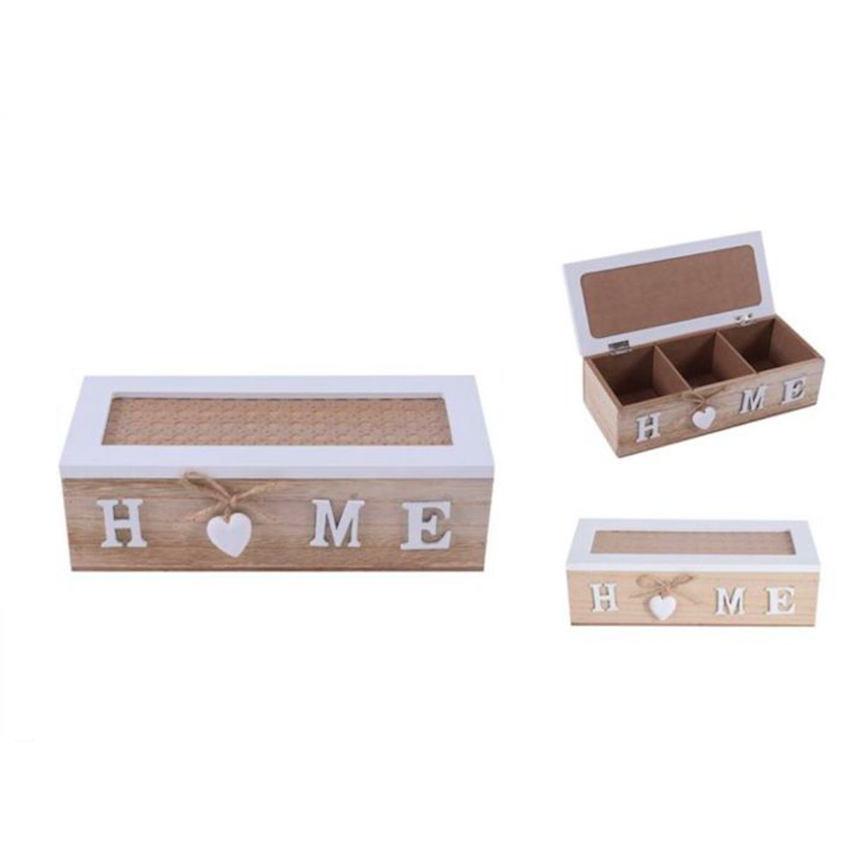 GENERICO - Caja De Té Mediana De Madera 3 Espacios Con Corazon Home