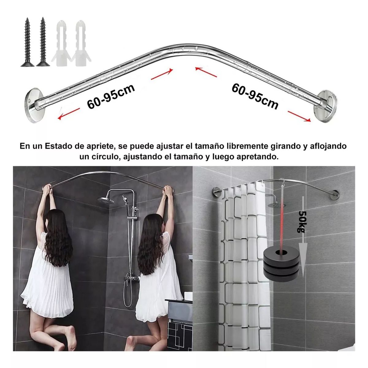 DEKANO - Acero inoxidable Barra Extensible Cortina Ducha Esquina En U 60-95cm