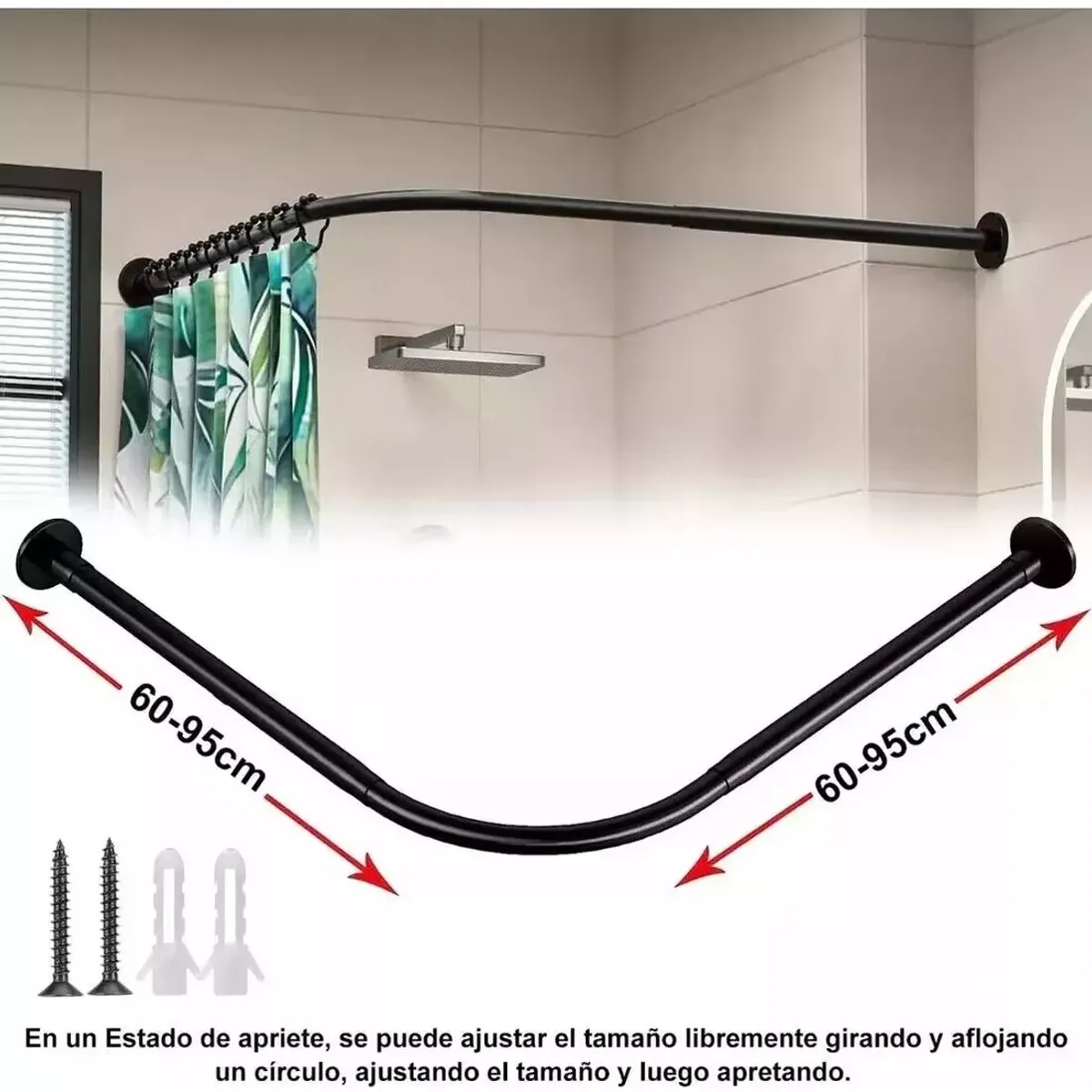 DEKANO - Barra Extensible Cortina Ducha Esquina En U 60-95cm negro