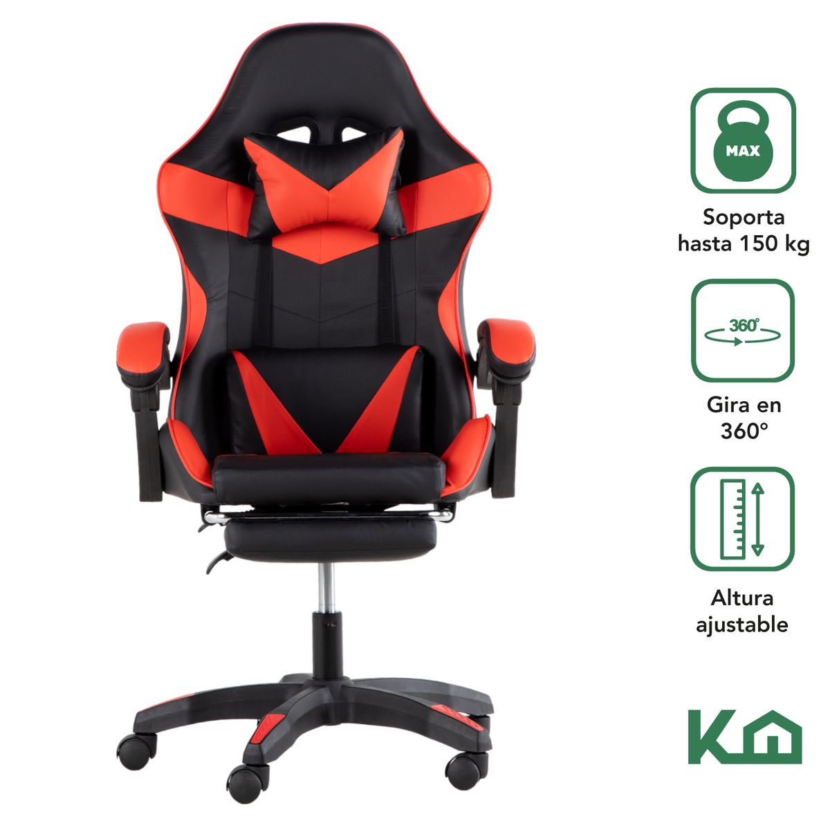 LUMAX - Silla Gamer Ergonomica KingsHouse con Apoyapies Roja