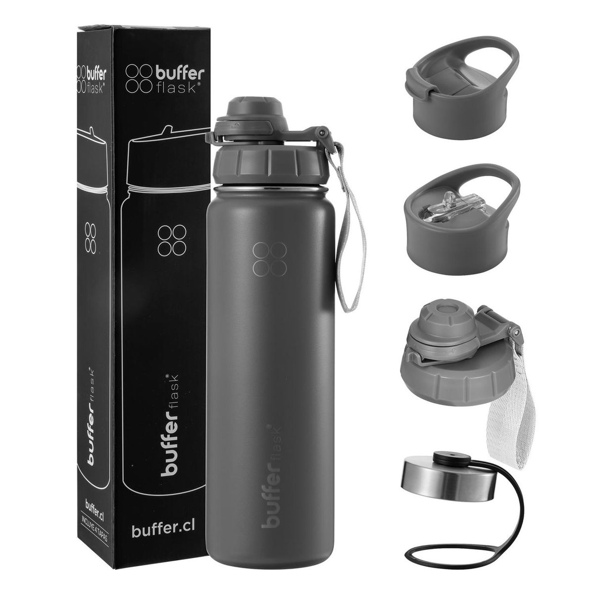 BUFFER FLASK - Termo Botella Agua Termica Acero Inox + Tapas - Gris