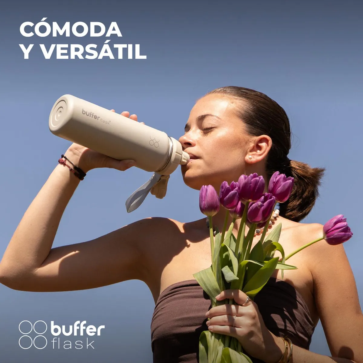 BUFFER FLASK - Termo Botella Agua Termica Acero Inox + Tapas - Crema