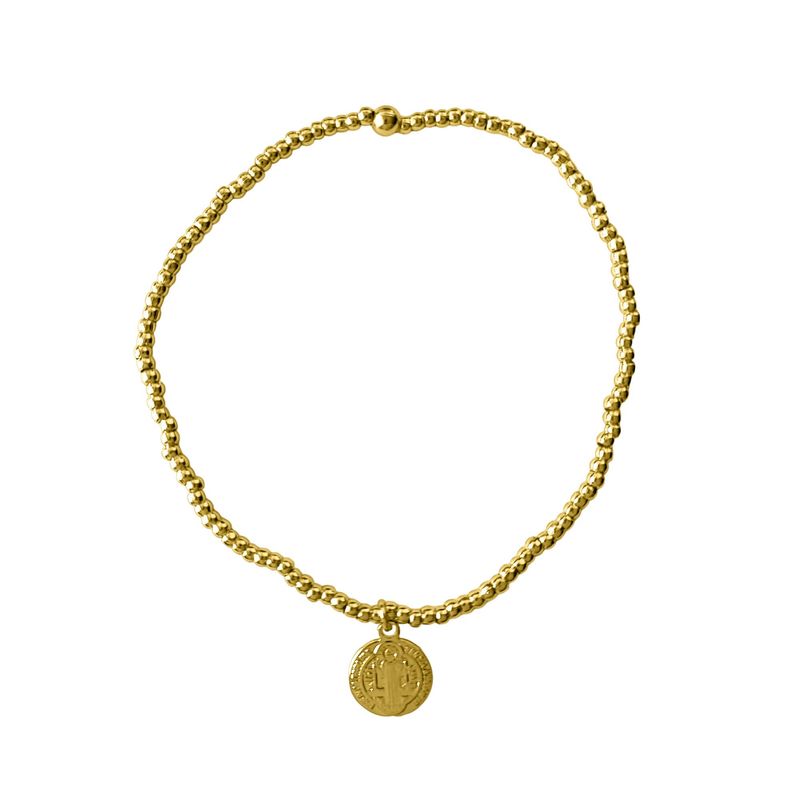 ANDREA COGGIOLA JOYAS - Pulsera Bolitas Medalla San Benito Enchapado Oro 18K Elásticada