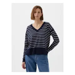 GAP - Chaleco Mujer Lino Cuello V Rayado Azul